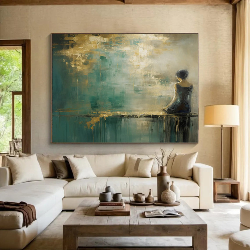 Teal and Gold Tones Figure - in - Landscape Abstract Painting THY086