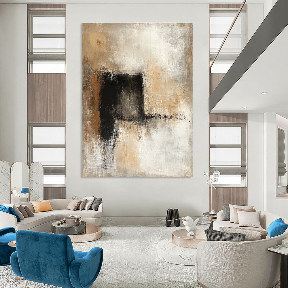 Large abstract painting featuring neutral tones in beige and brown, creating a calming and sophisticated atmosphere for any space.STSC780