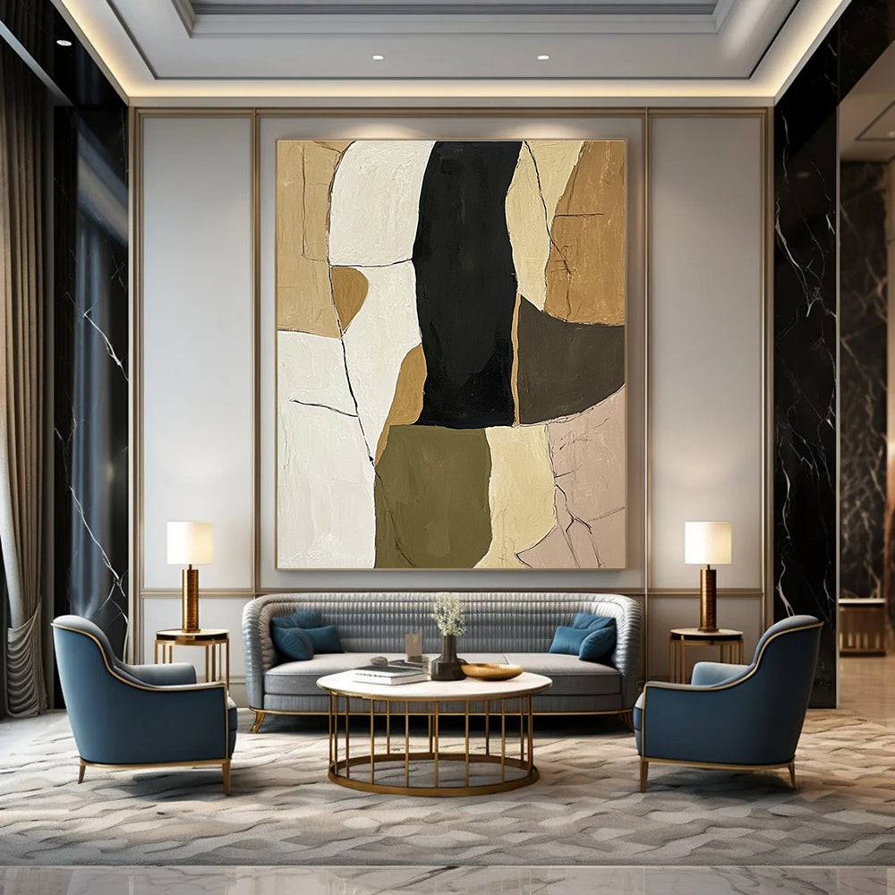Large abstract painting in neutral tones of olive green beige and black on white background featuring organic shapes and textured lines for depth.STSC781