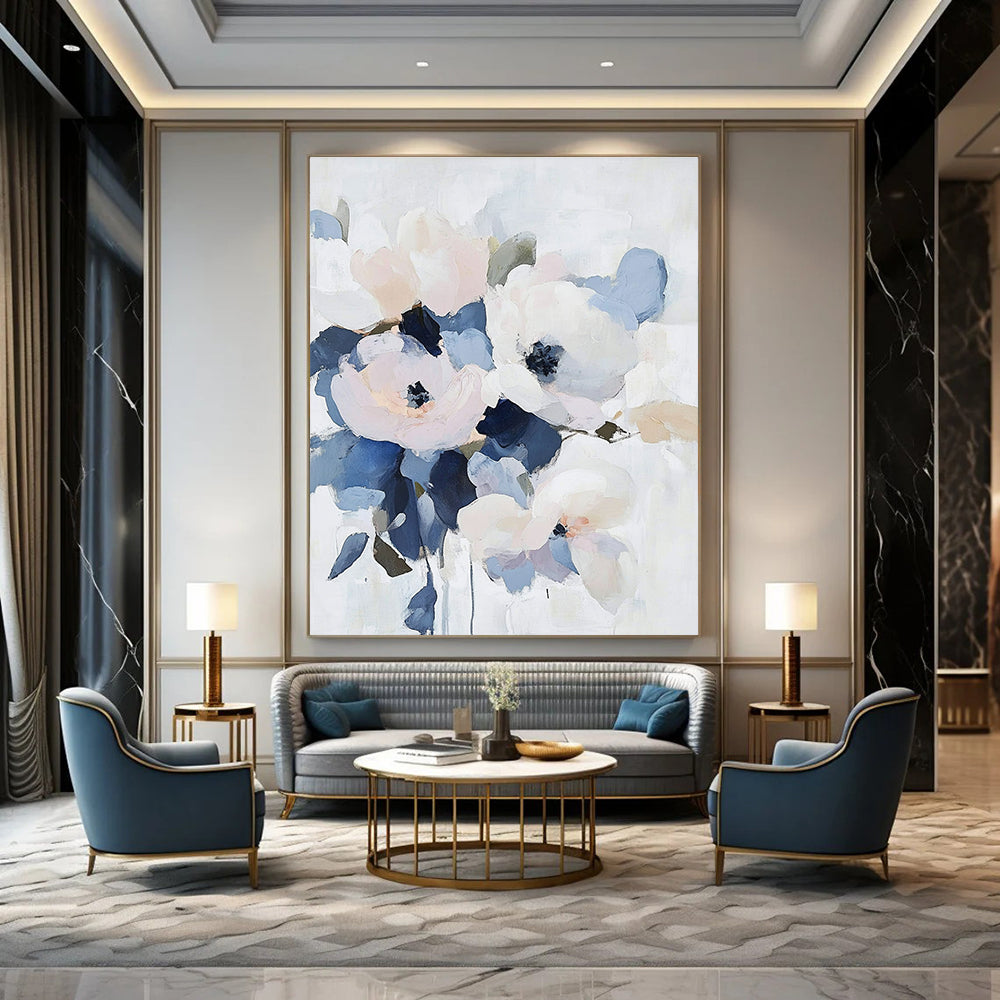 Large abstract floral painting featuring pale pastel flowers with navy and gray accents on a soft white background.STSC053
