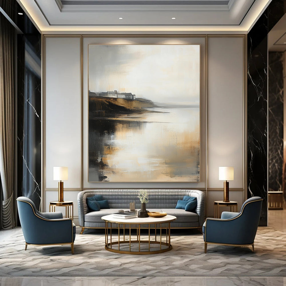 Large abstract oil painting of a misty coastal landscape in neutral tones with subtle gold highlights and low contrast colors.STSC589