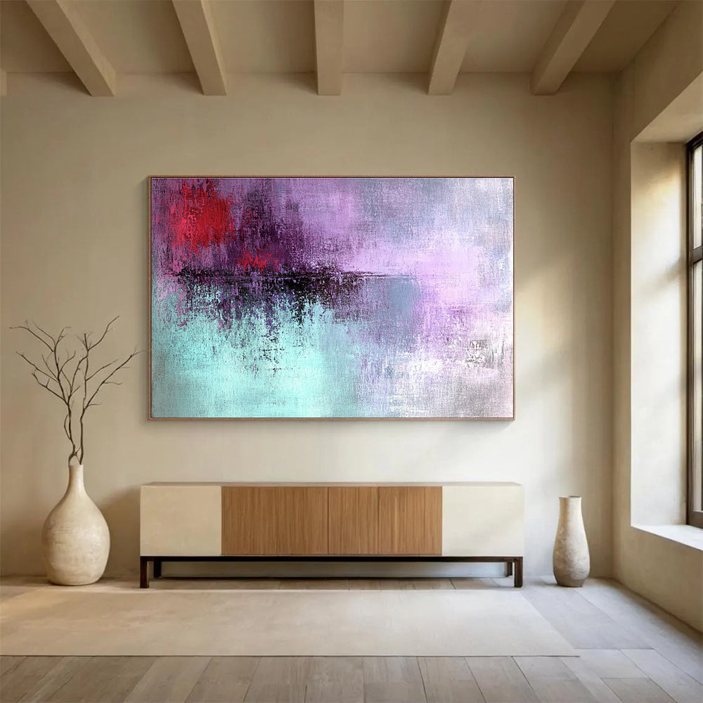 Large abstract painting with grunge texture in light purple and teal featuring dark red details for an emotional expression.SC221