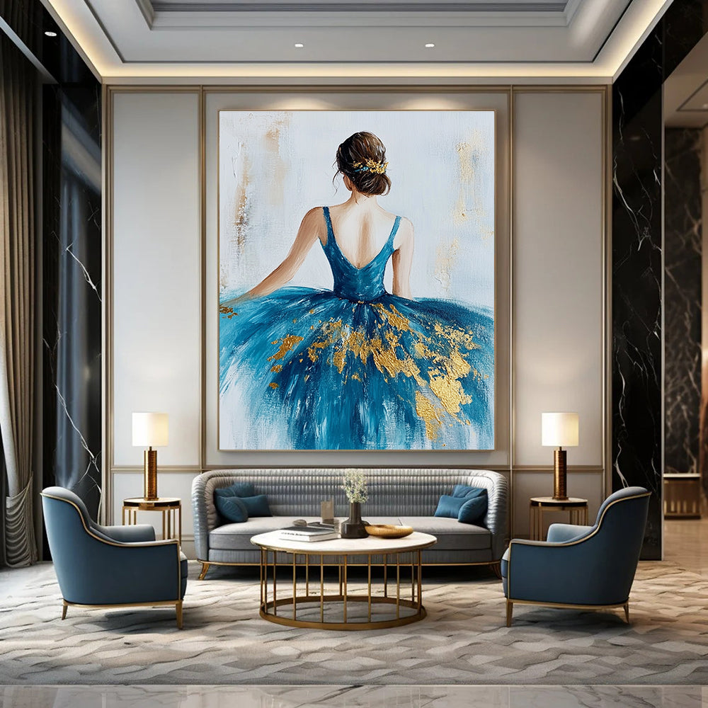 Large abstract painting of a ballerina in a blue dress with gold leaf on a textured white canvas background.STSC155