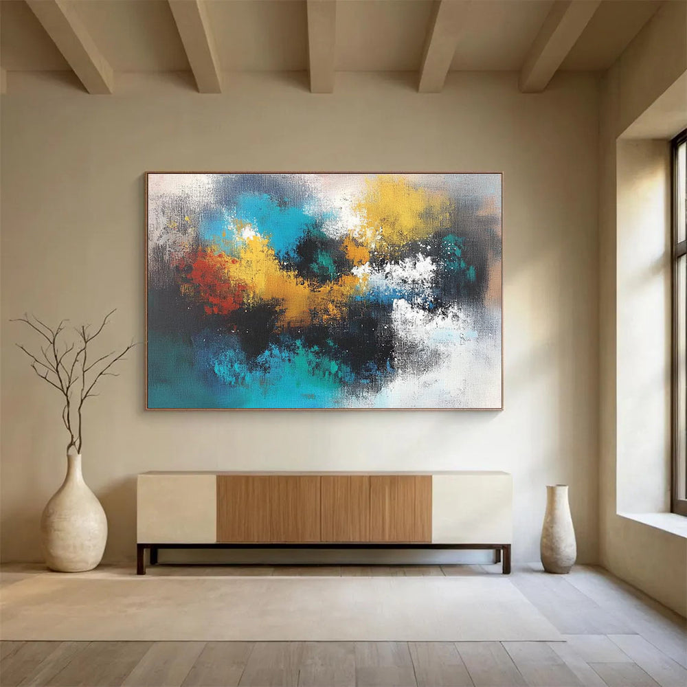Large abstract painting featuring vibrant colors and fluid shapes perfect for modern home decor. Enhance your space with unique artistic flair.SC625
