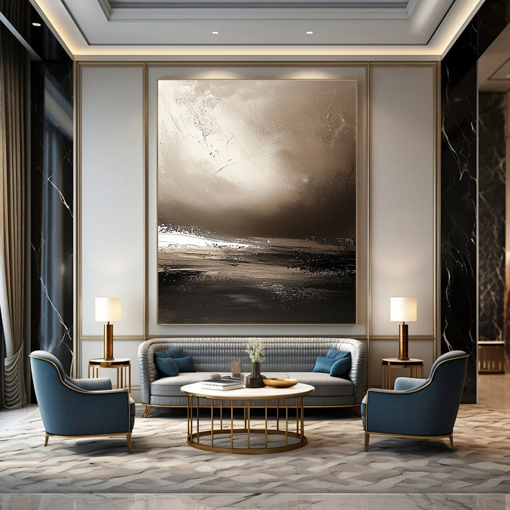 Large abstract painting showcasing Earth's horizon in sepia tones with textured brushstrokes creating a calming atmosphere and distant landscapes.STSC646
