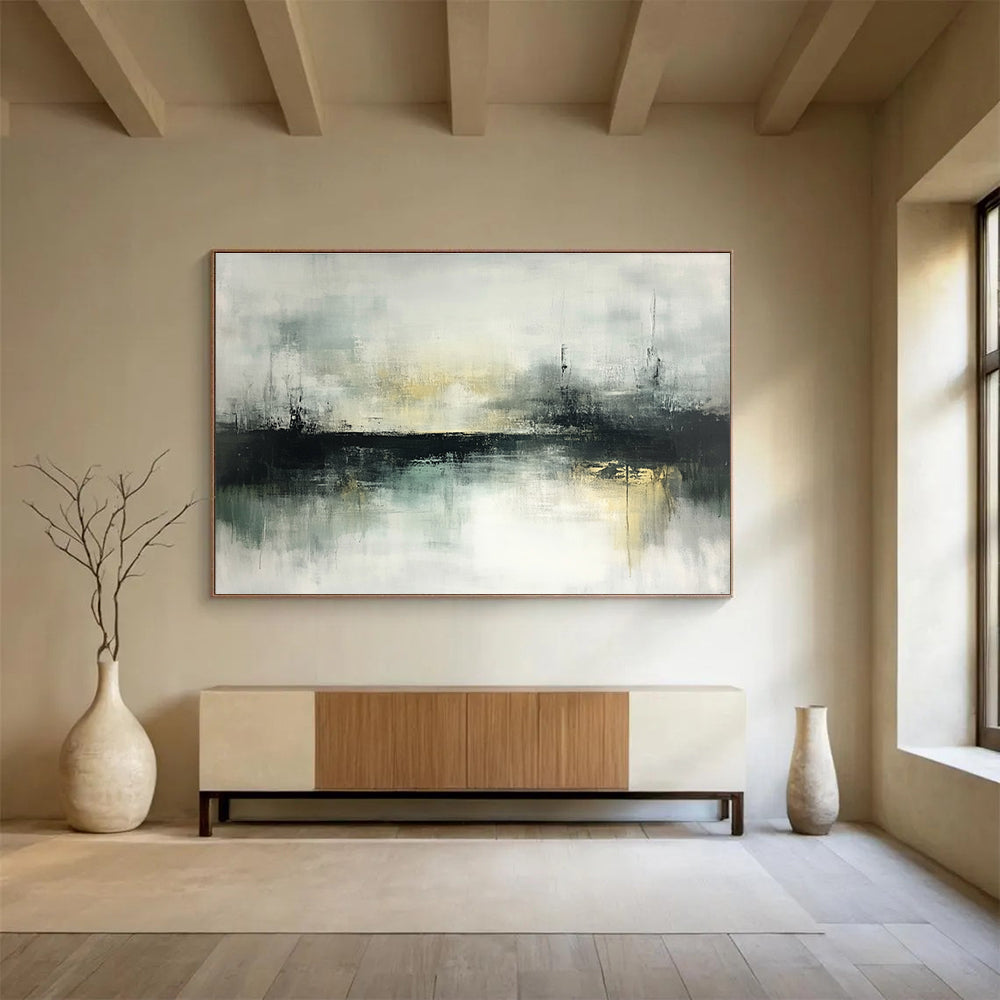 Large abstract painting of misty landscapes featuring muted greens and grays with soft edges and an atmospheric quality ideal for modern art lovers.SC196