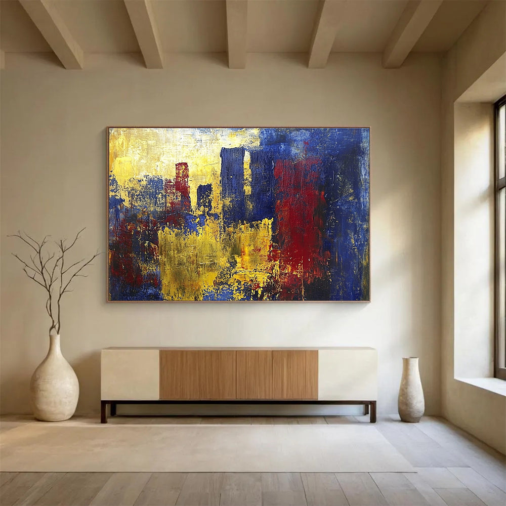A large abstract painting inspired by J.M.W. Turner and Picasso featuring vibrant yellow blue and red hues with heavy brush strokes and dynamic textures.SC357