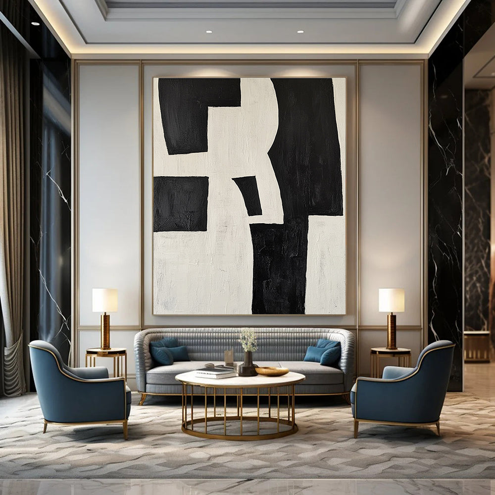 Large abstract painting in black and white featuring deconstructed shapes creating a striking visual impact ideal for modern decor.STSC389