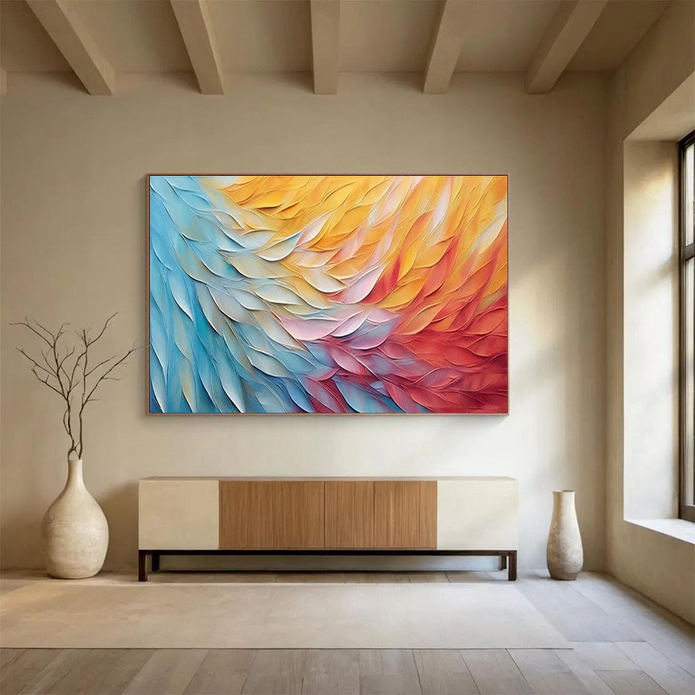Colorful Feather Abstract Painting with Blue, Yellow, and Red Hues THY201