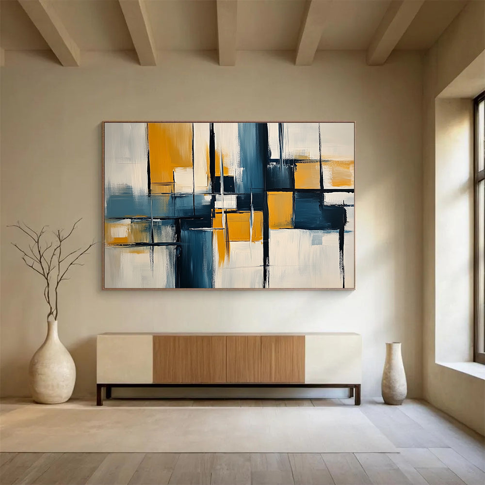 Blue Yellow and Black Abstract Blocks Painting with Dynamic Compositions DYP588
