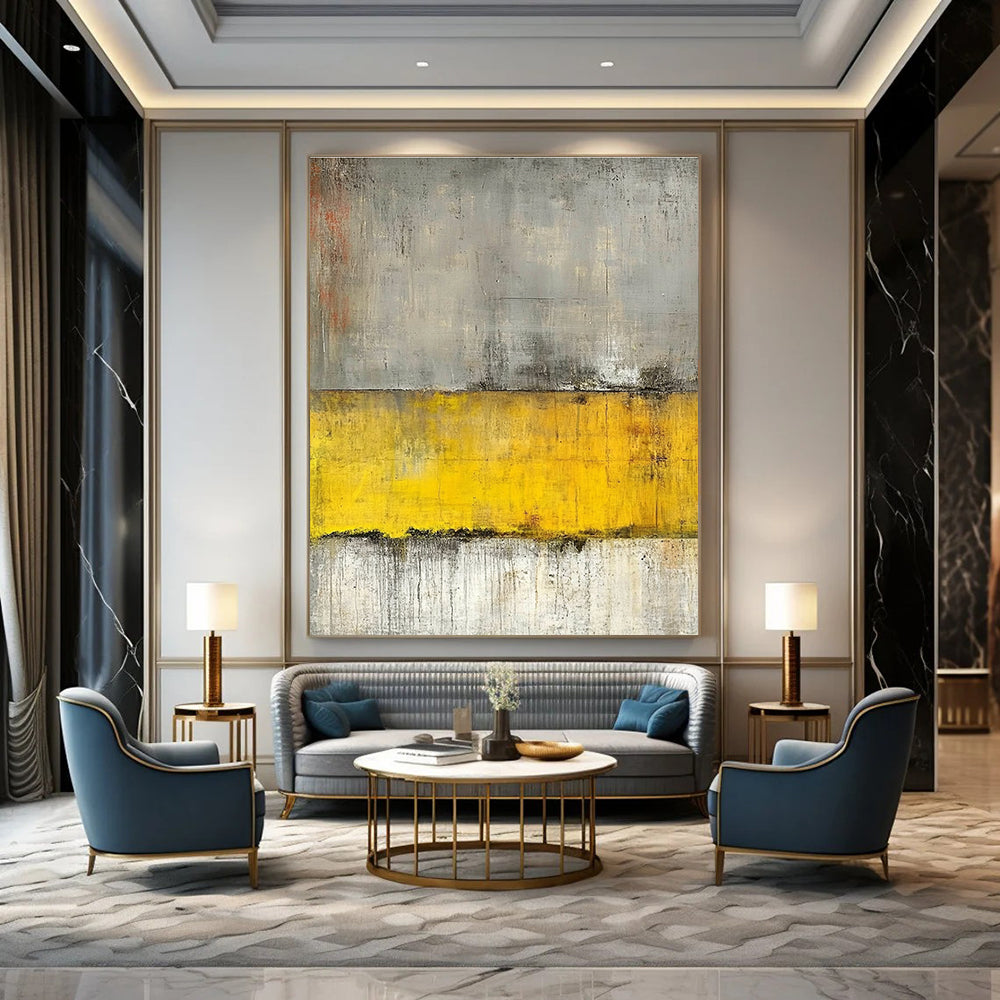 Large abstract painting featuring gray and yellow tones with a concrete texture and grainy canvas highlighted by horizontal lines.STSC233
