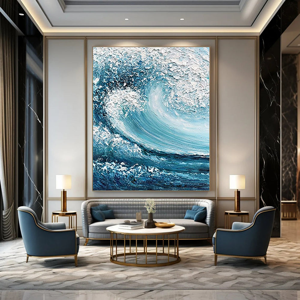 Blue and White Turbulent Wave Abstract Painting ADGE322
