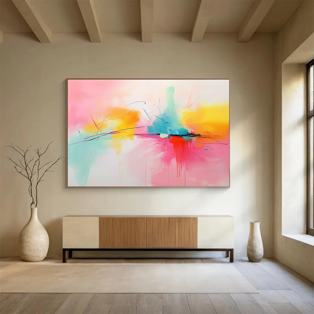 Large abstract painting in pink, yellow, and turquoise featuring dynamic lines and shapes for a vibrant artistic touch.SC144