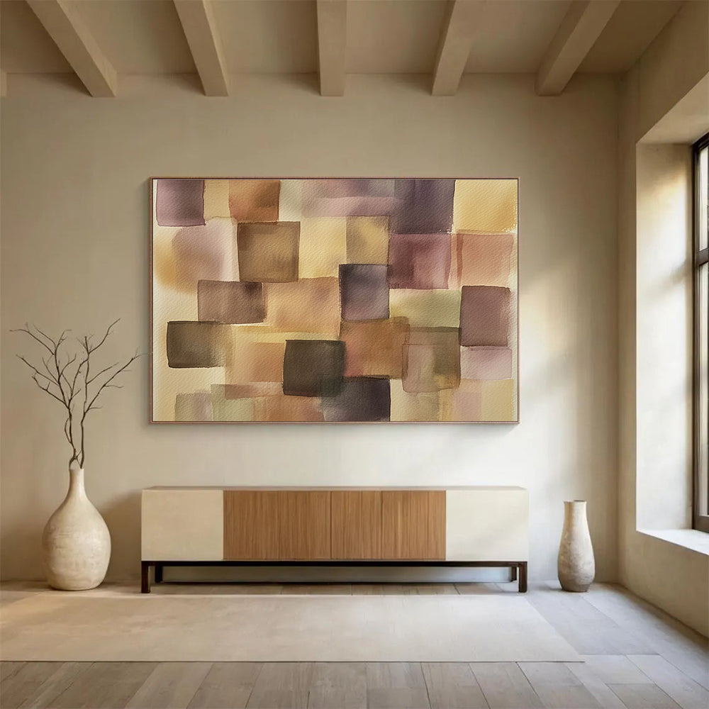 Purple and Brown Squares Watercolor Abstract Painting with Geometric Forms DYP616