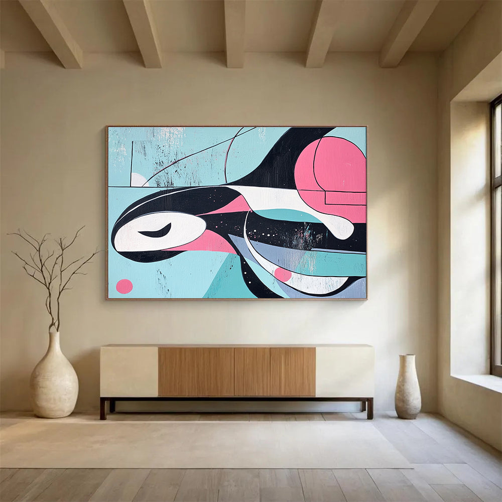 Large abstract painting of an orca featuring lines and shapes inspired by Kandinsky in a pink blue and grey color paletteSC167