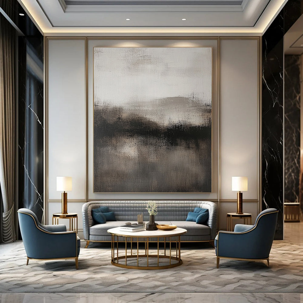 Large abstract artwork featuring neutral tones in gray and black with subtle textures for a sophisticated decor touch.STSC080