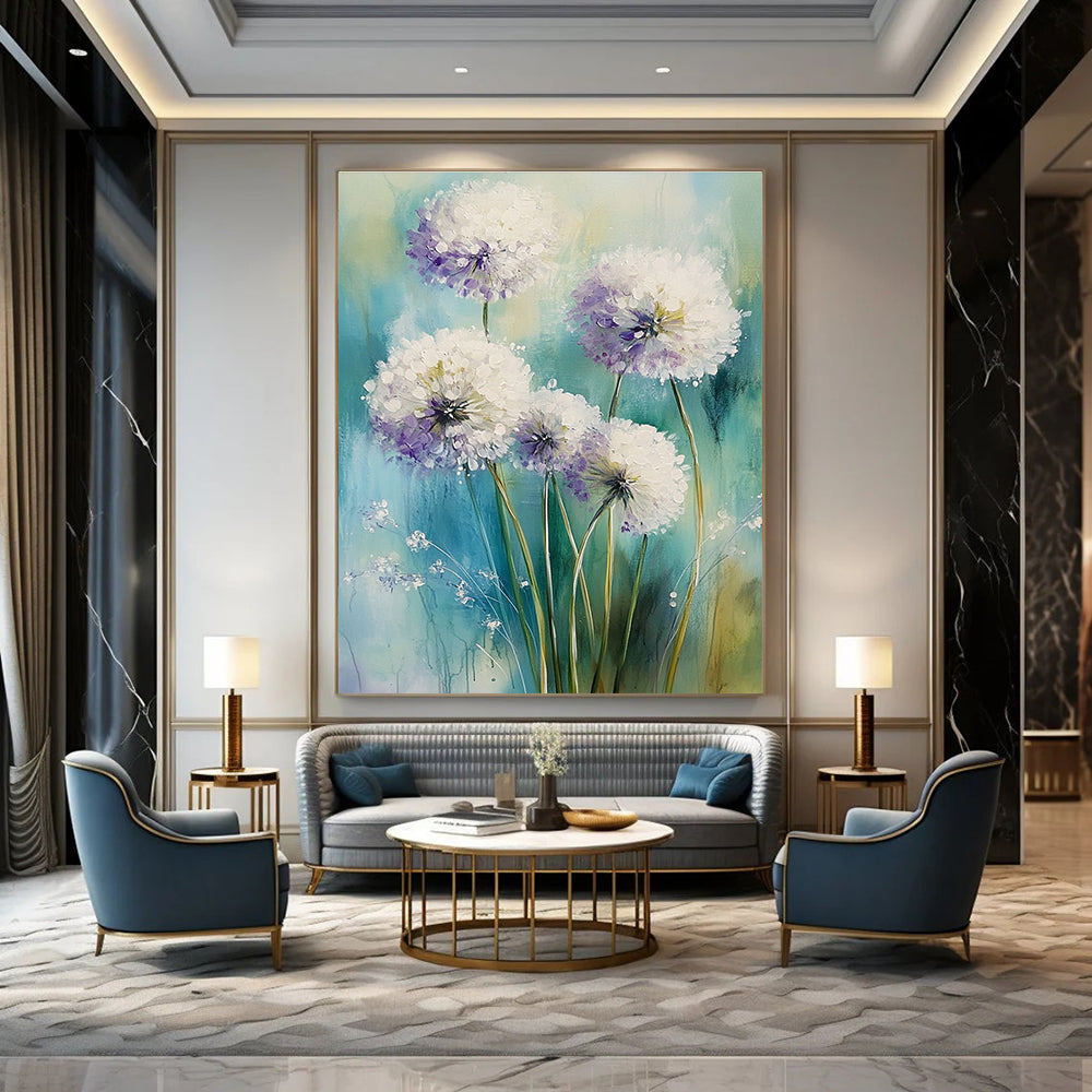 Abstract painting featuring white alliums with light purple accents on a soft greens and blues background, evoking a dreamy spring atmosphere.STSC1468