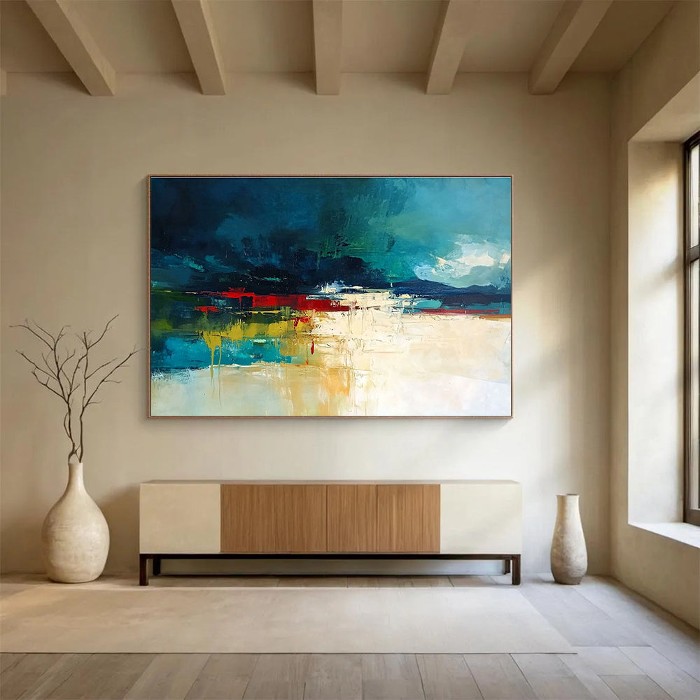 Bold Color Block Landscape Abstract Painting with Deep Blues and Reds DYP247