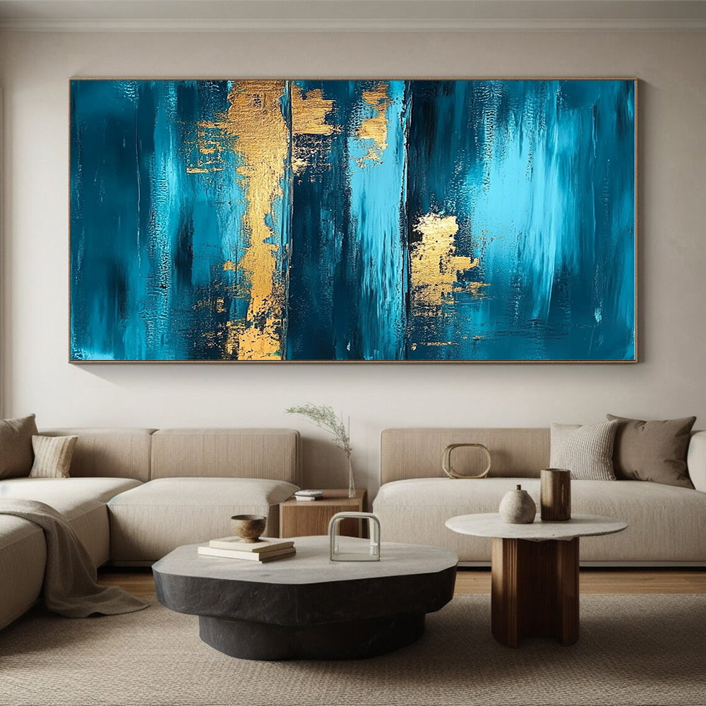 Deep Blue and Gold Abstract Painting with Layered Horizons GER375