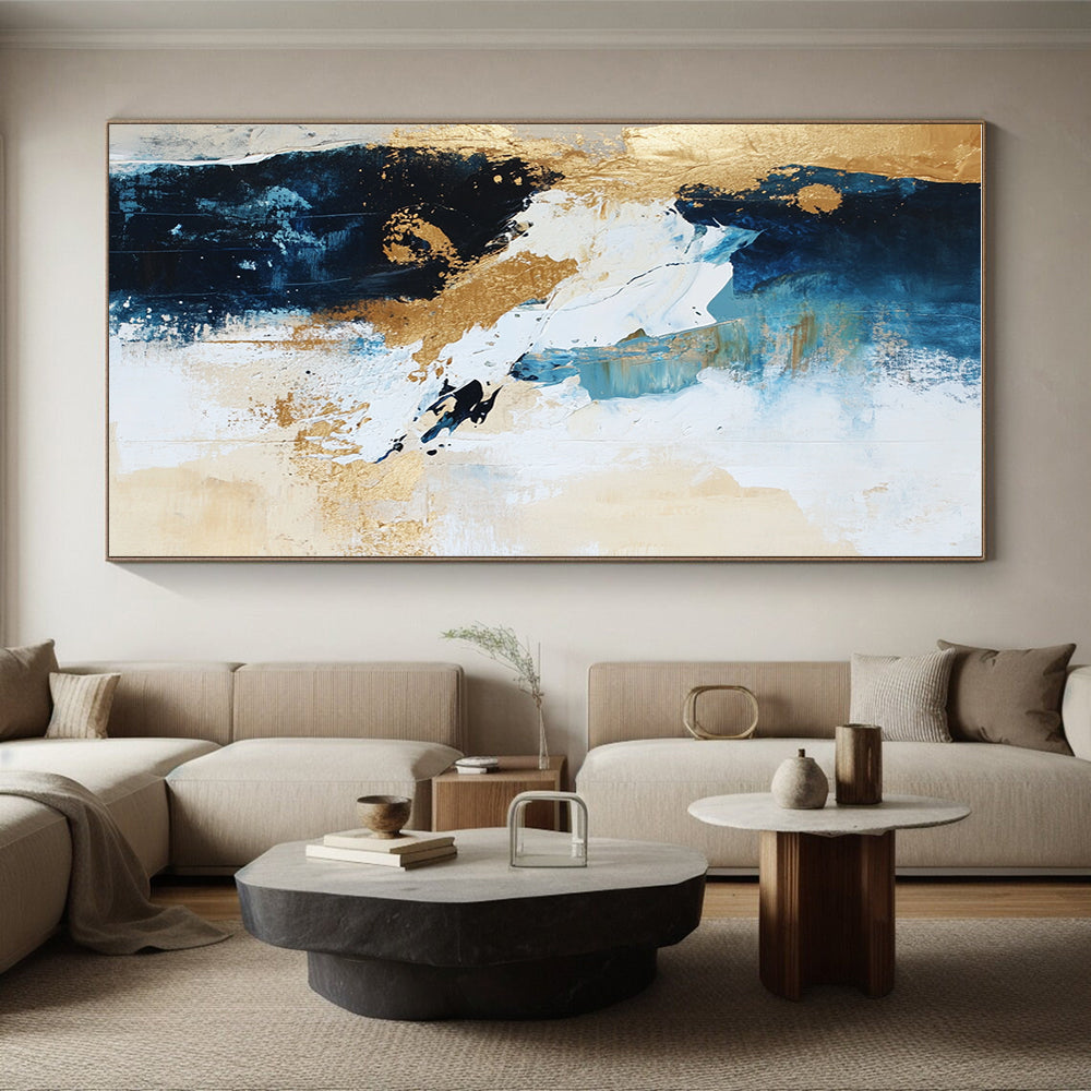 Blue Gold Abstract Painting with Dynamic Brushstrokes GER723