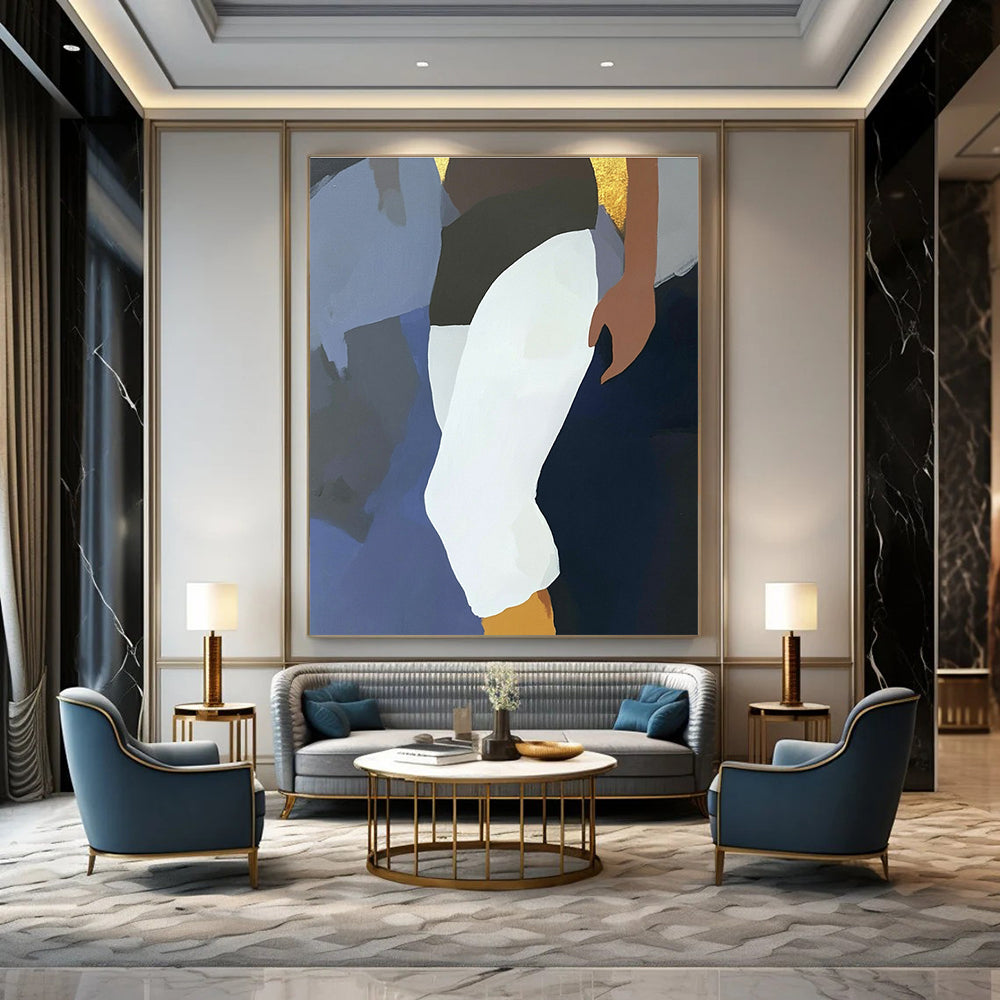 Large abstract painting featuring a fluid design with a dark blue background elegant Devanagari lettering and an anime character in white pants and black socks.STSC936