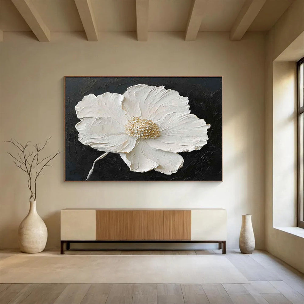 Textured White Flower on Black Background Abstract Painting THY090