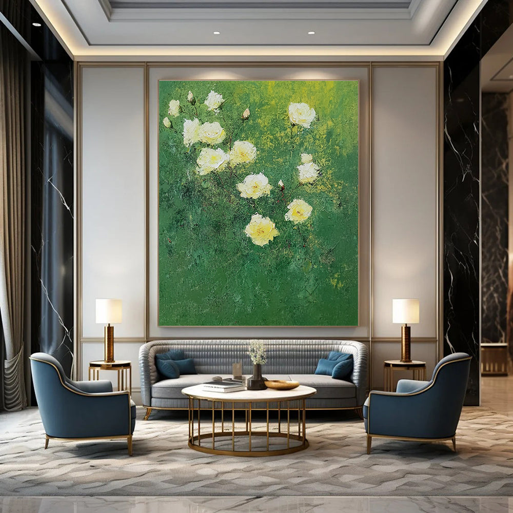Large abstract painting of white roses on green background featuring bold brush strokes in impressionist style with green and yellow hues.STSC1152