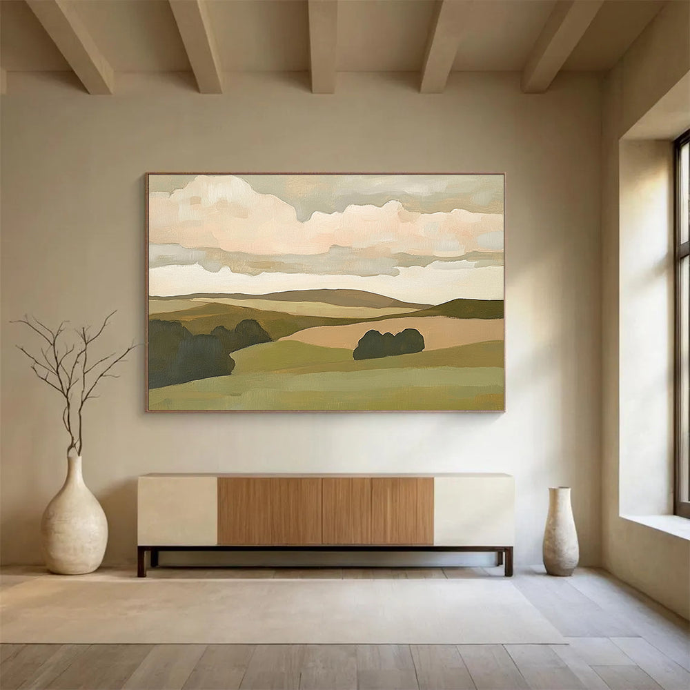 Minimalist Hill Landscape Abstract Painting with Green and Beige Tones DYP563