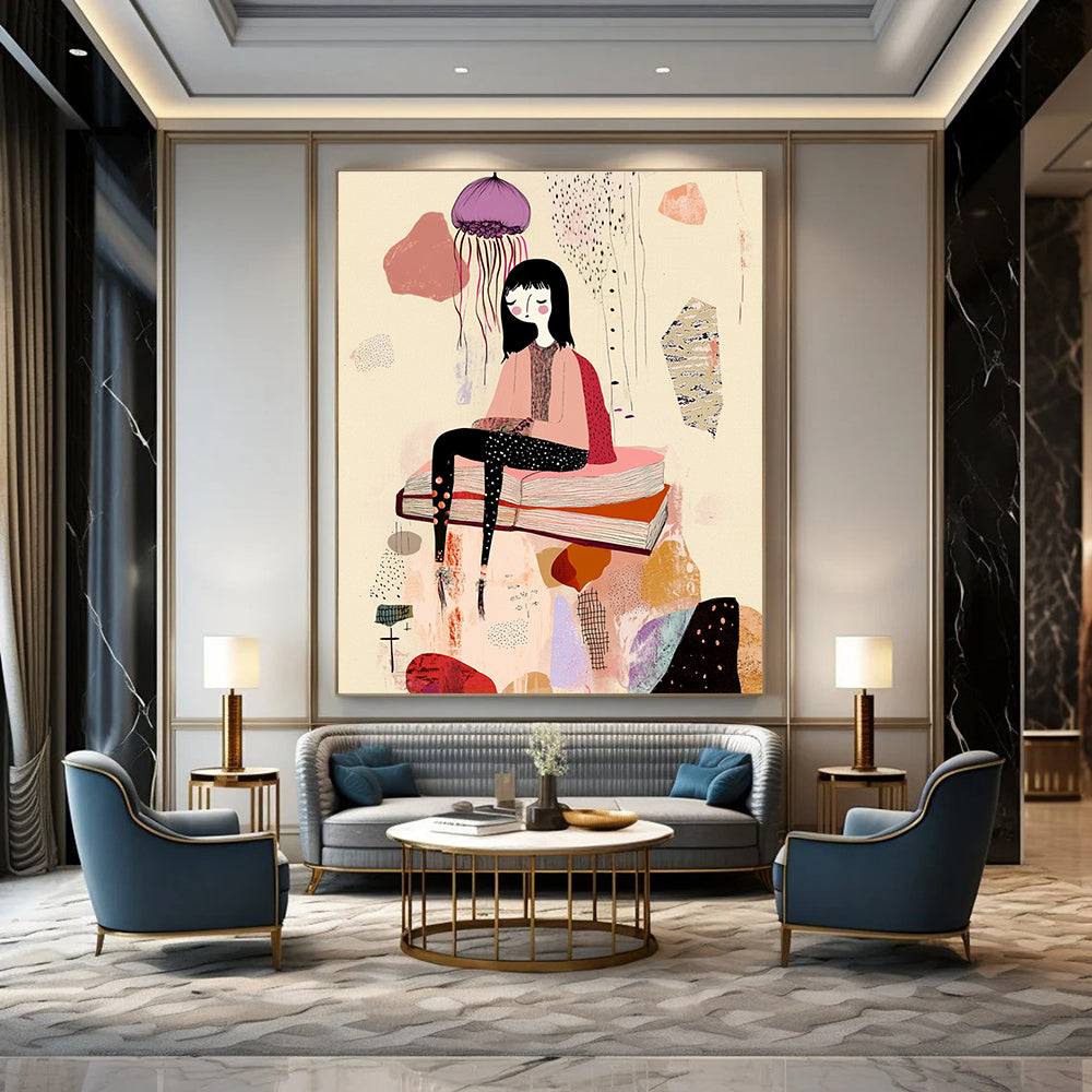 A large abstract artwork featuring a woman on a book amidst whimsical forms with pastel pink and purple hues set against a beige background.STSC1233