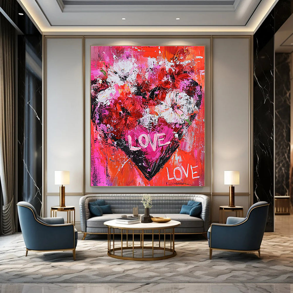 Large Abstract Painting of Flowers Forming a Heart in Bold Reds Pinks and Whites with Handwritten Love Text Symbolizing Passion and Romance.STSC680