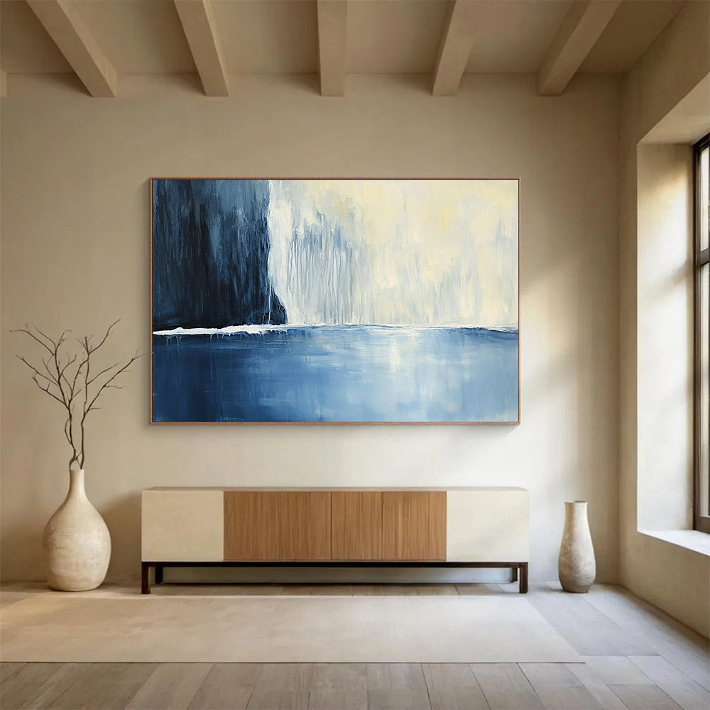 Blue and White Waterfall Abstract Painting with Serene Composition DYP206
