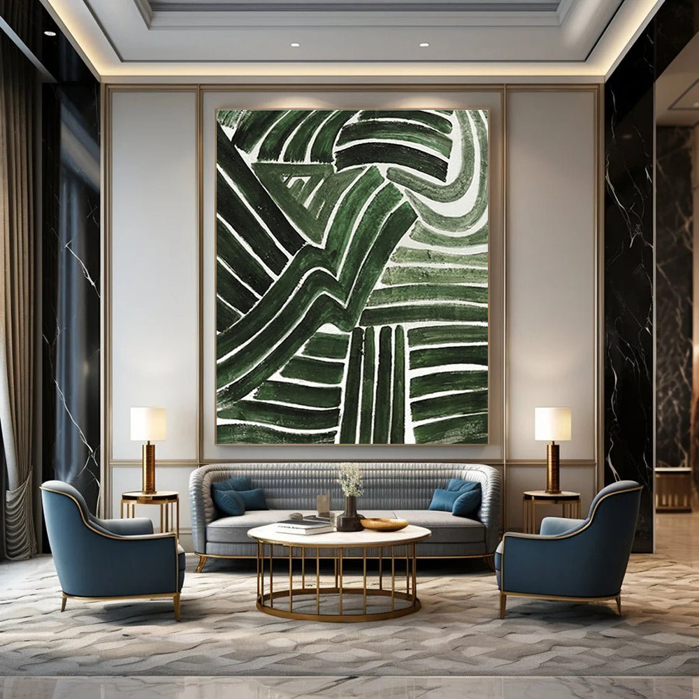 Green Curved Lines Abstract Painting with White Background ADGE492