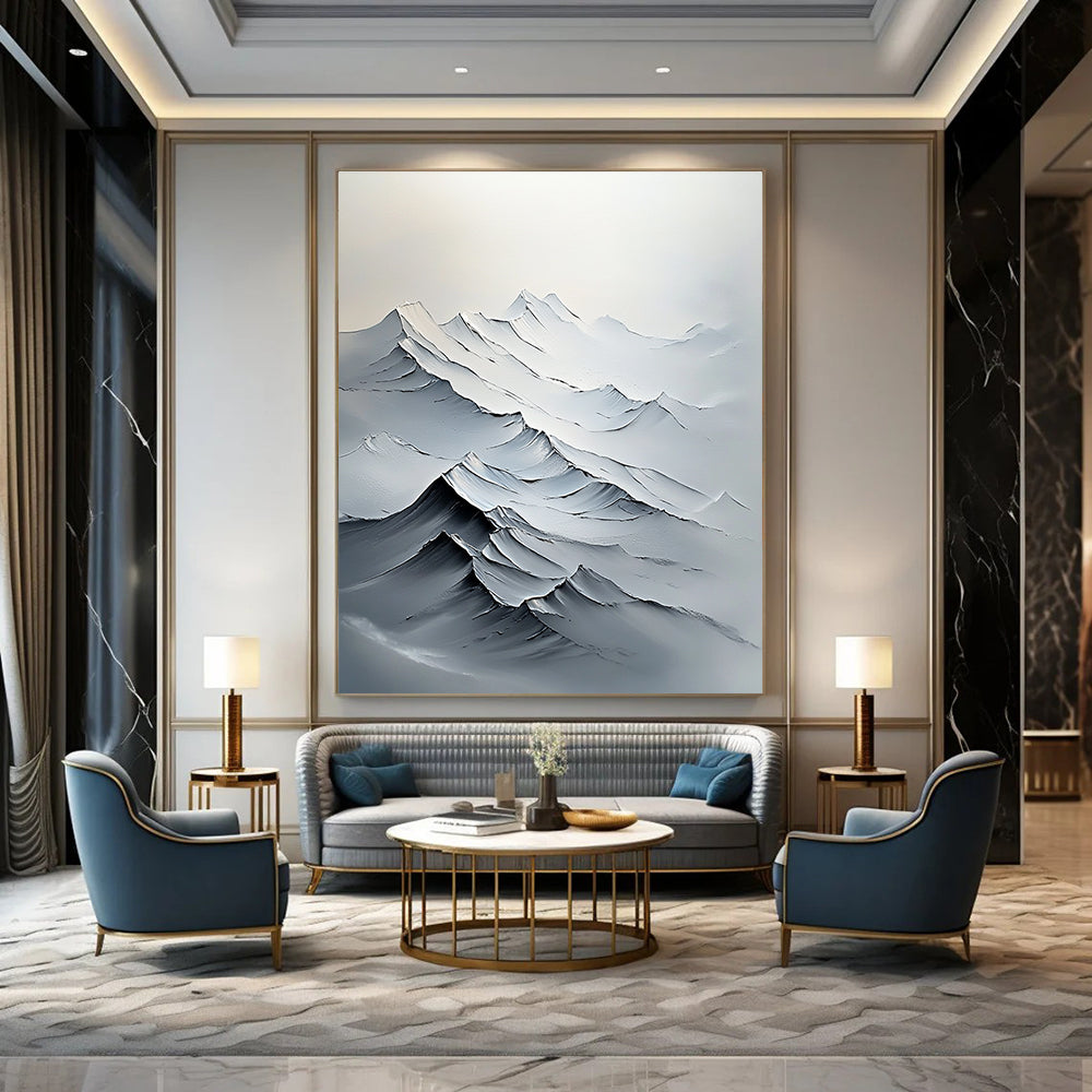 Large abstract painting featuring textured white mountains with bold brush strokes and delicate details in a minimalist composition.STSC1493