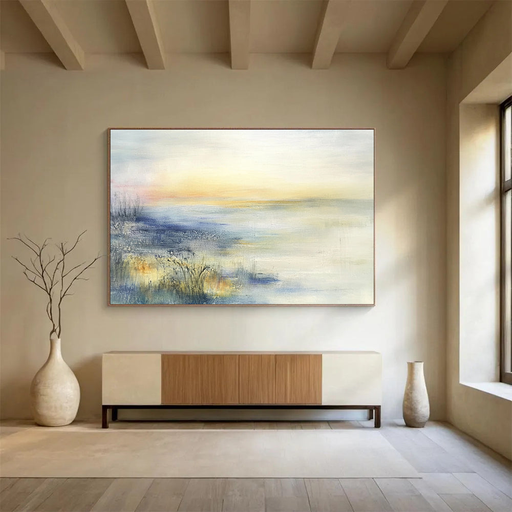 Large abstract oil painting featuring a misty coastal landscape in muted pastel colors inspired by Zao Wou-Ki.SC116