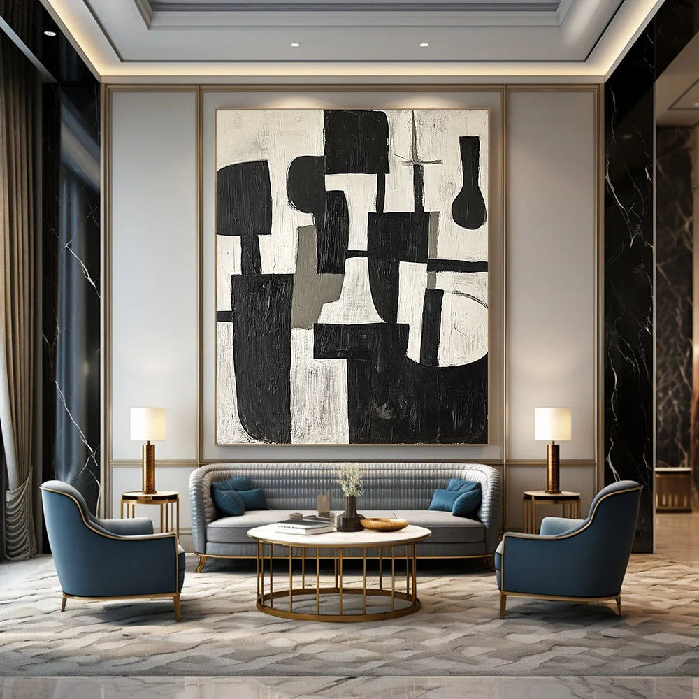 Large abstract painting in black and white shapes with gray tones on a white background embodying calmness and modernity inspired by Picasso's cubism.STSC675