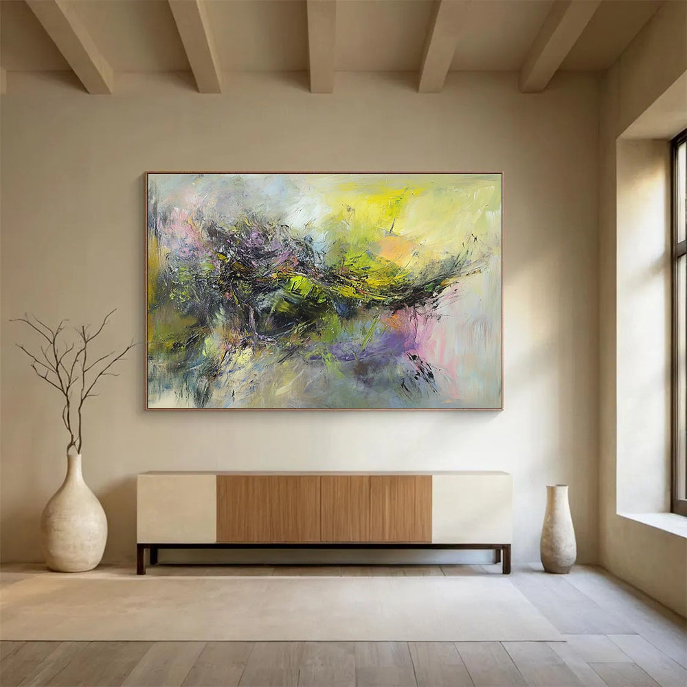 Large abstract painting of a battlefield with thick brush strokes in muted greens yellows pinks and purples depicting movement and chaos.SC305
