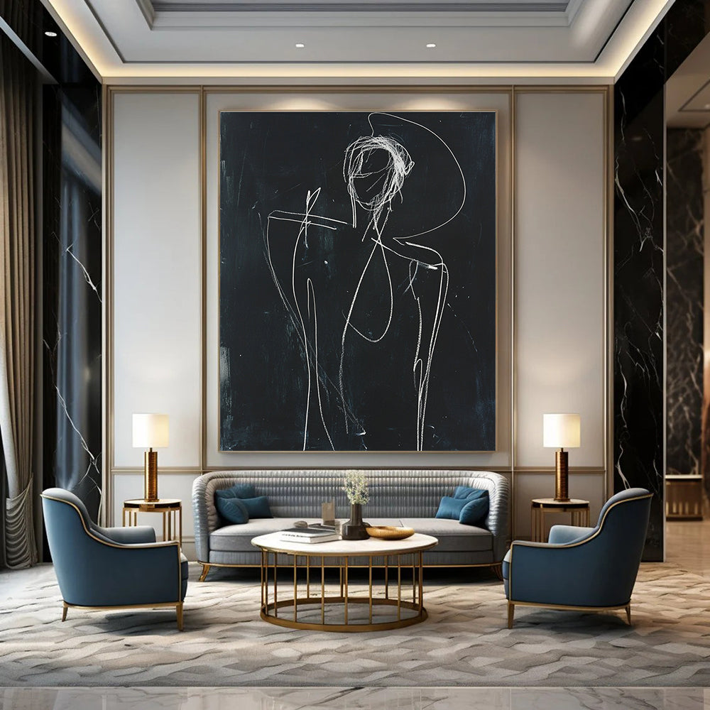 A large abstract sketch depicting a human figure in white chalk on black paper with raised arm and minimalist facial opening.STSC977