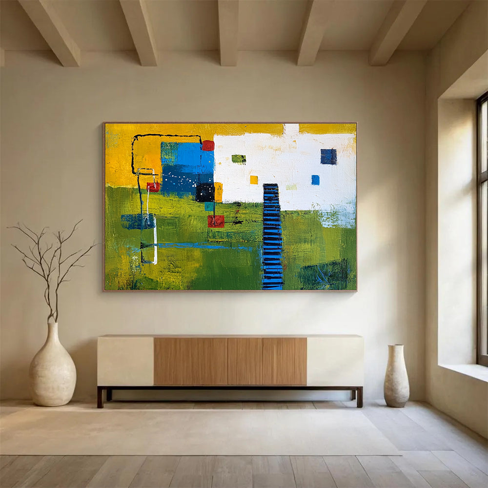 Colorful Village Abstract Painting with Bright and Earthy Hues DYP352
