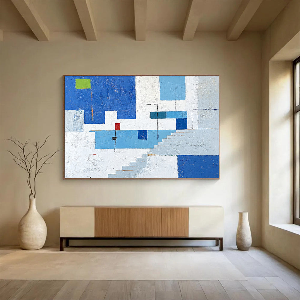 Blue and White Geometric Architectural Abstract Painting DYP081