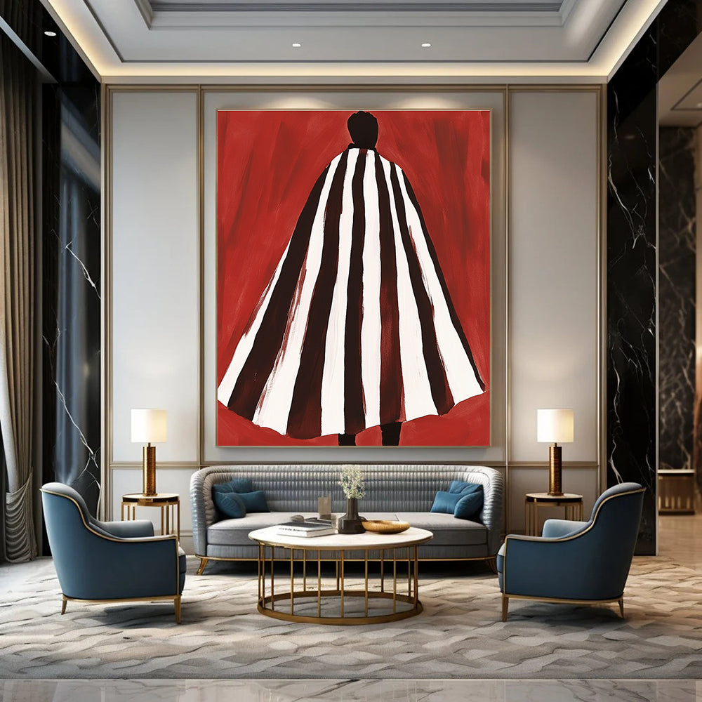 Abstract artwork featuring a brown and white striped cape inspired by Matisse and Bunt on a vibrant red background.STSC932