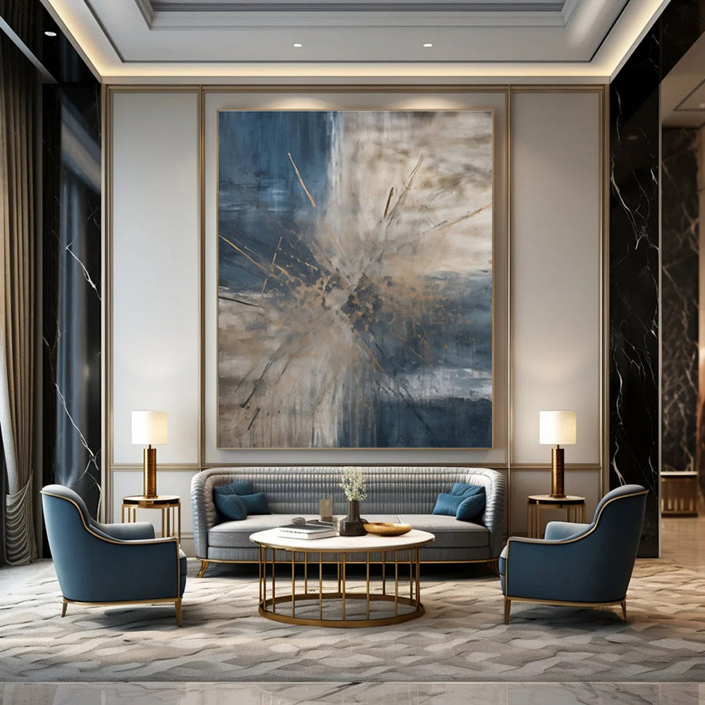 Blue and Beige Burst Abstract Painting with Dynamic Splashes ADGE119