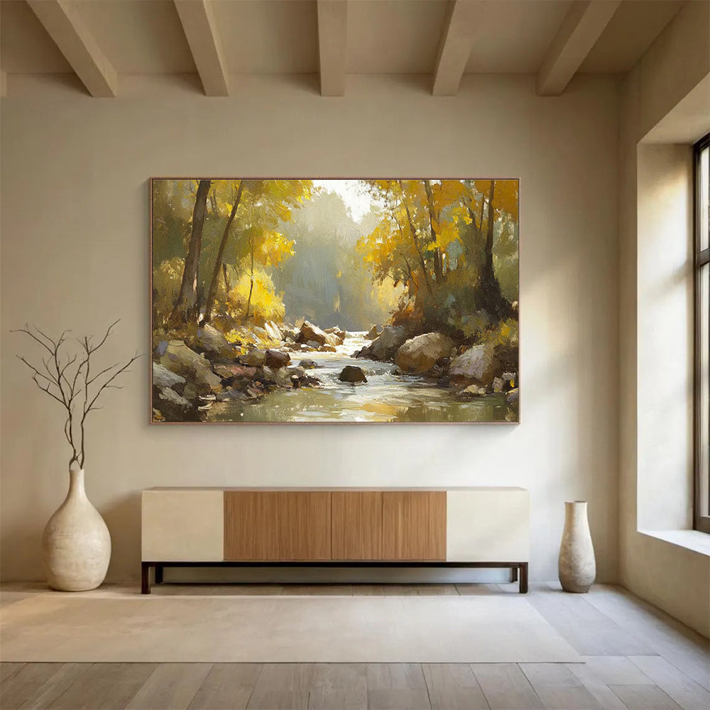 Autumn River Abstract Painting with Warm, Golden Tones THY412