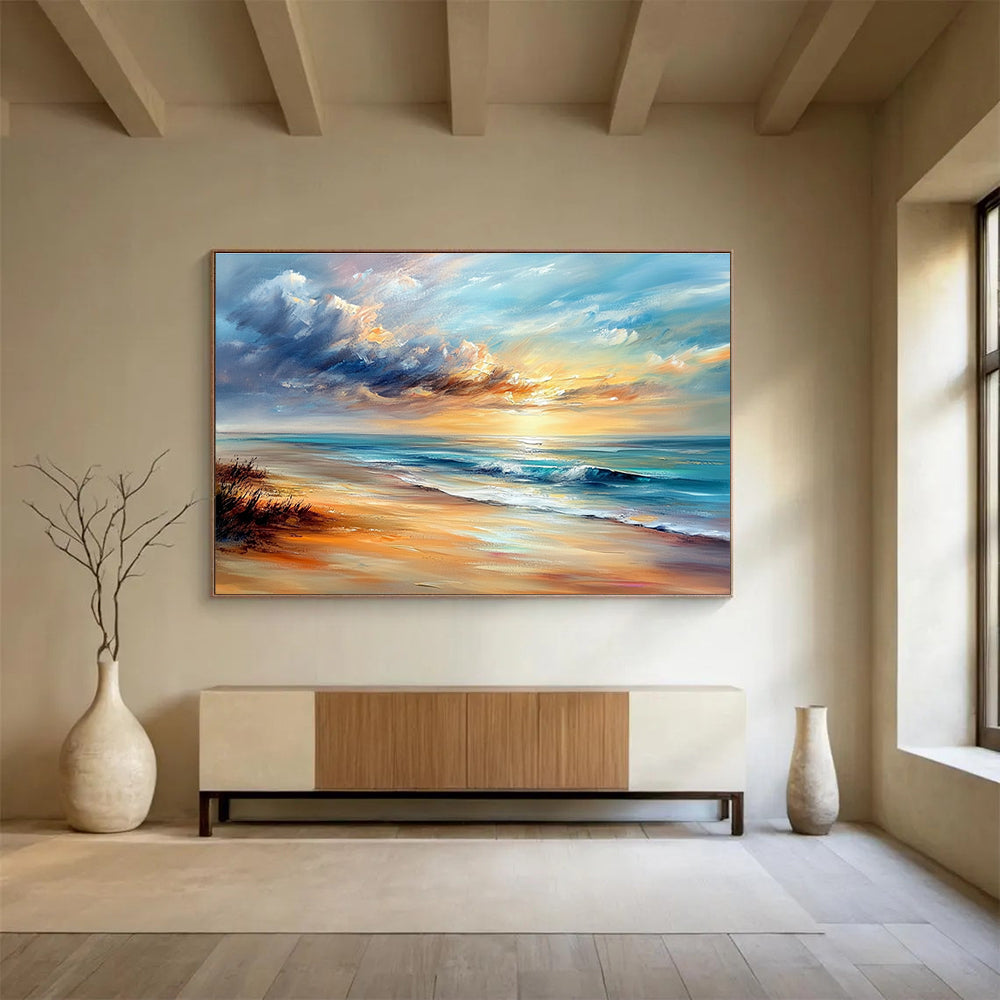 A large abstract painting capturing a serene beach scene with soft sunset colors and textured brush strokes in Impressionist style.SC415
