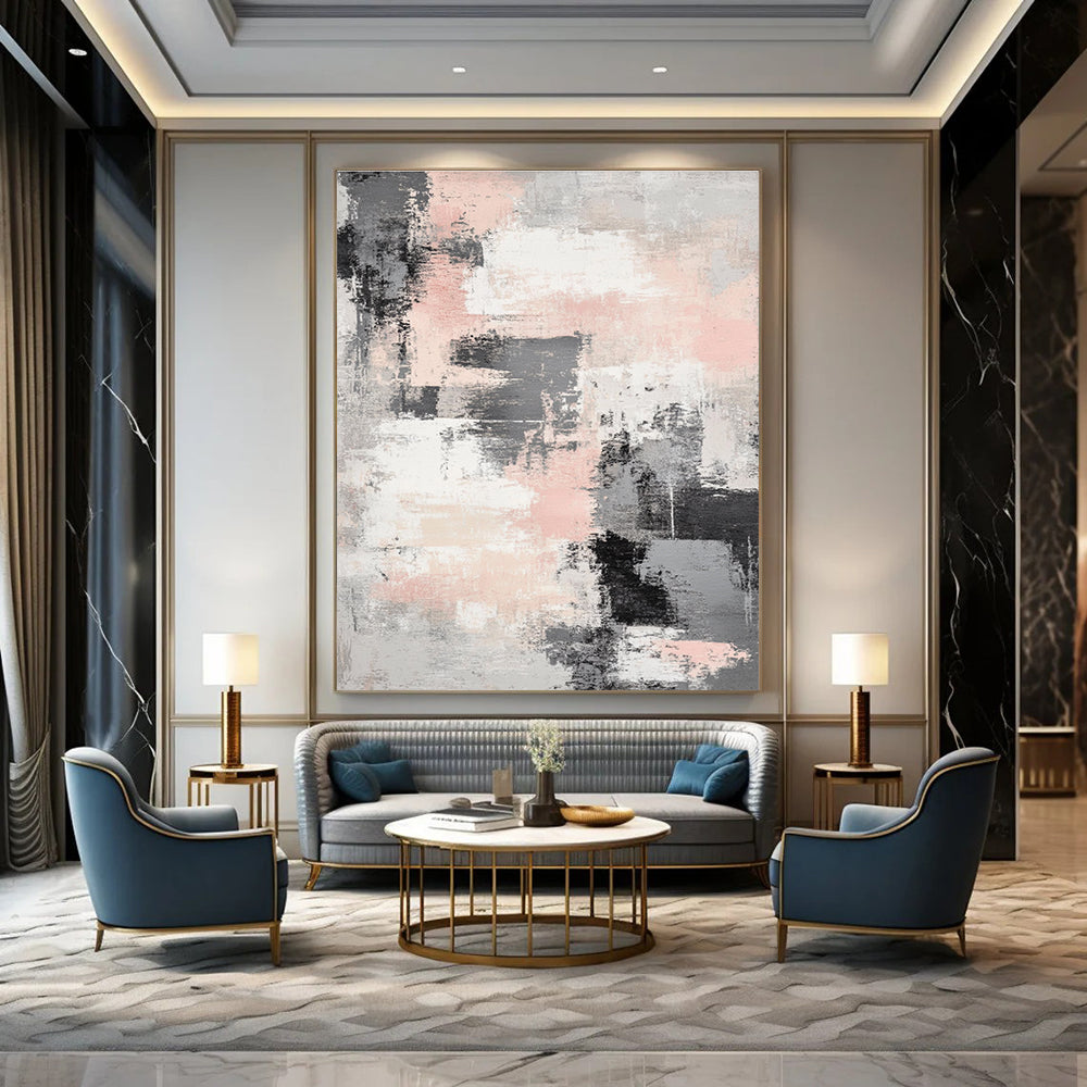 Large abstract art piece featuring soft gray and light pink interwoven textures with airy white spaces for a tranquil and mysterious atmosphere.STSC133