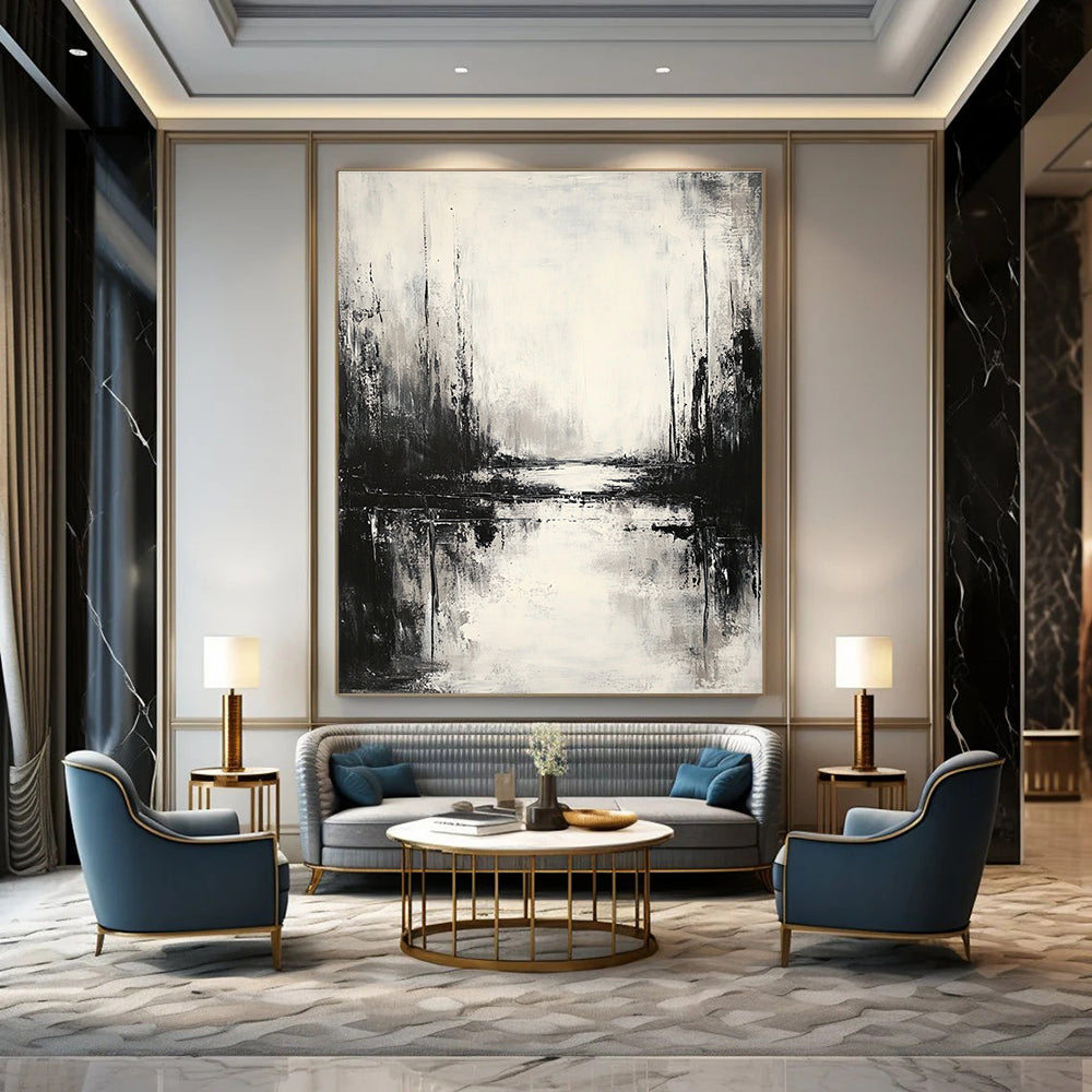 Large abstract painting featuring an atmospheric landscape in neutral tones with low contrast and muted colors, creating a serene monochromatic reflection.STSC021