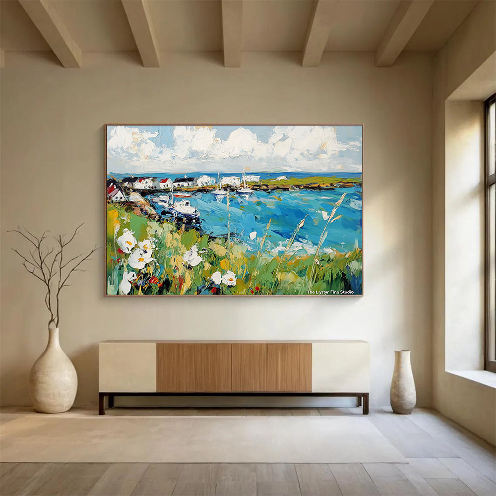 Harbor Landscape Abstract Painting with Blue, Green and White DYP118