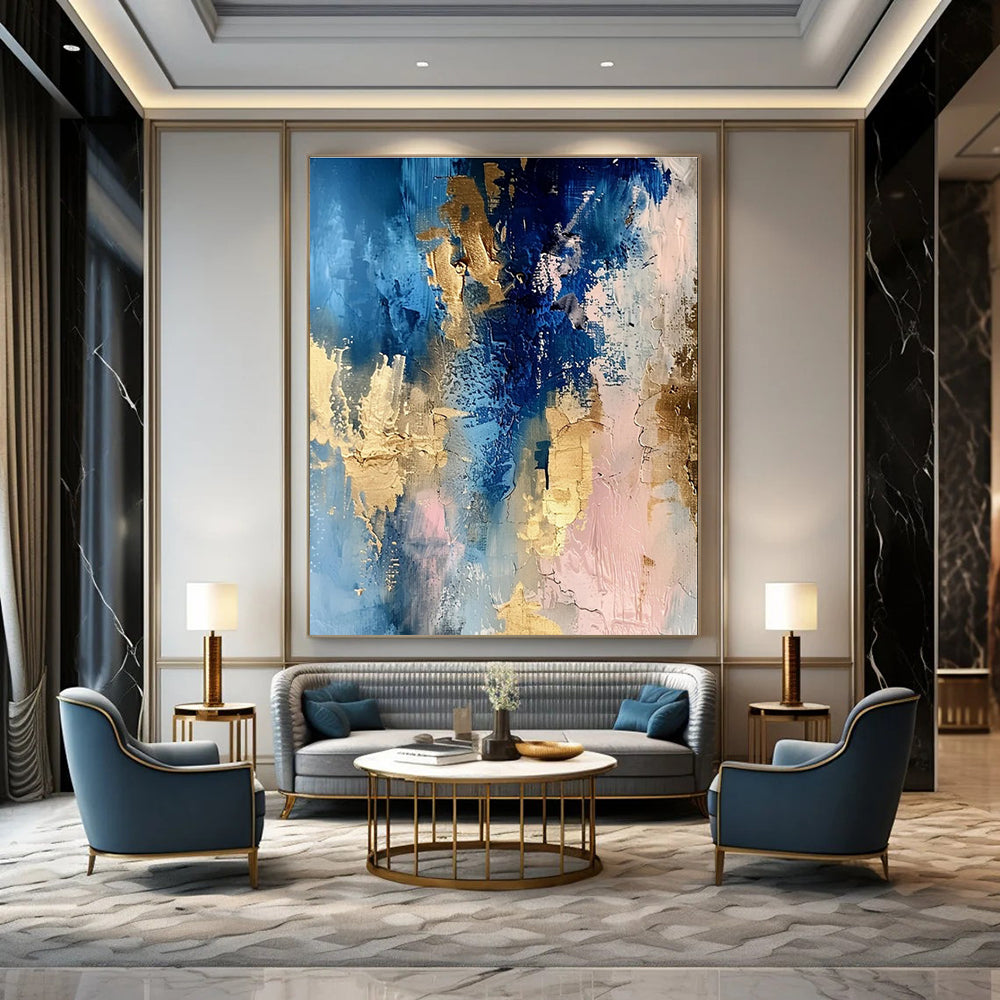 Blue Gold and Pink Abstract Painting with Dynamic Layers ADGE072