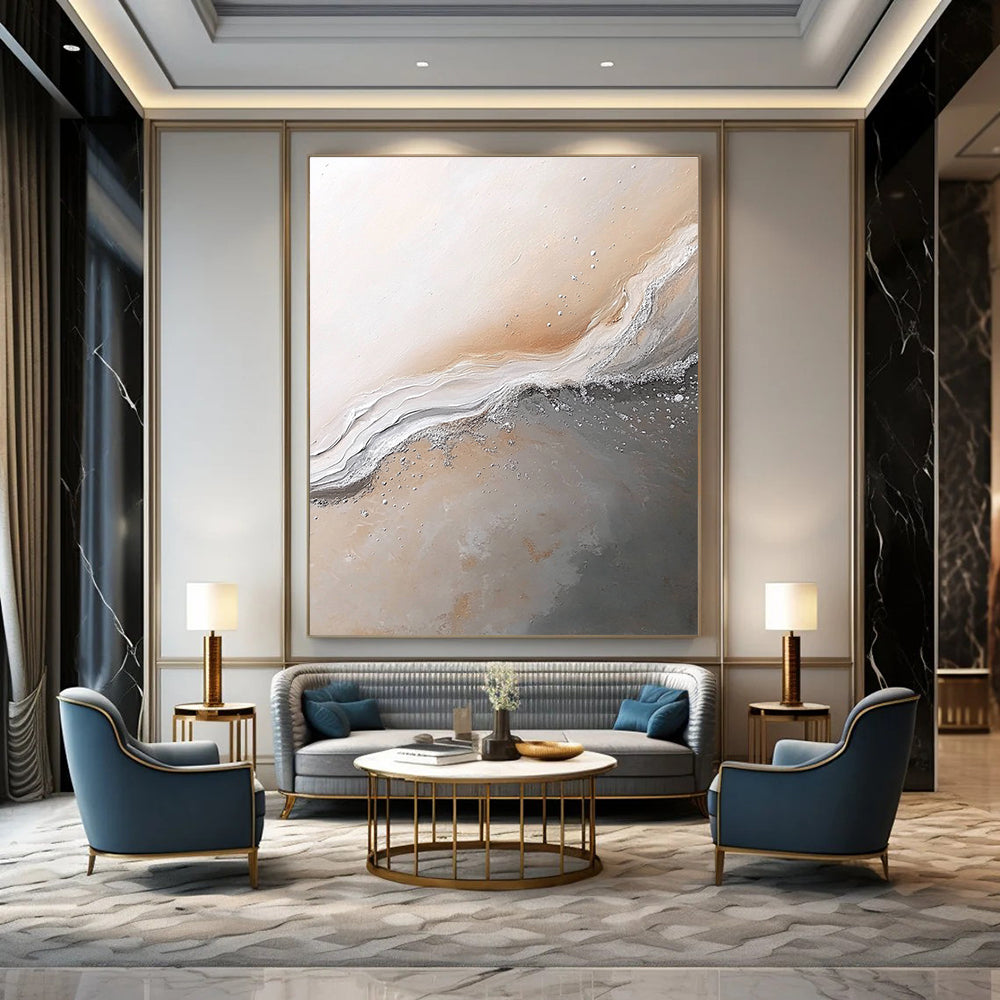 Large abstract painting of Jupiter's surface in gray beige and white with silver details evoking a calm serene atmosphere.STSC014