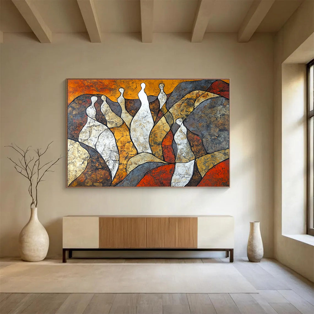 Abstract painting featuring women's bodies as rocks in earthy tones with a lone woman in white symbolizing resilience and growth amidst challenges.SC521