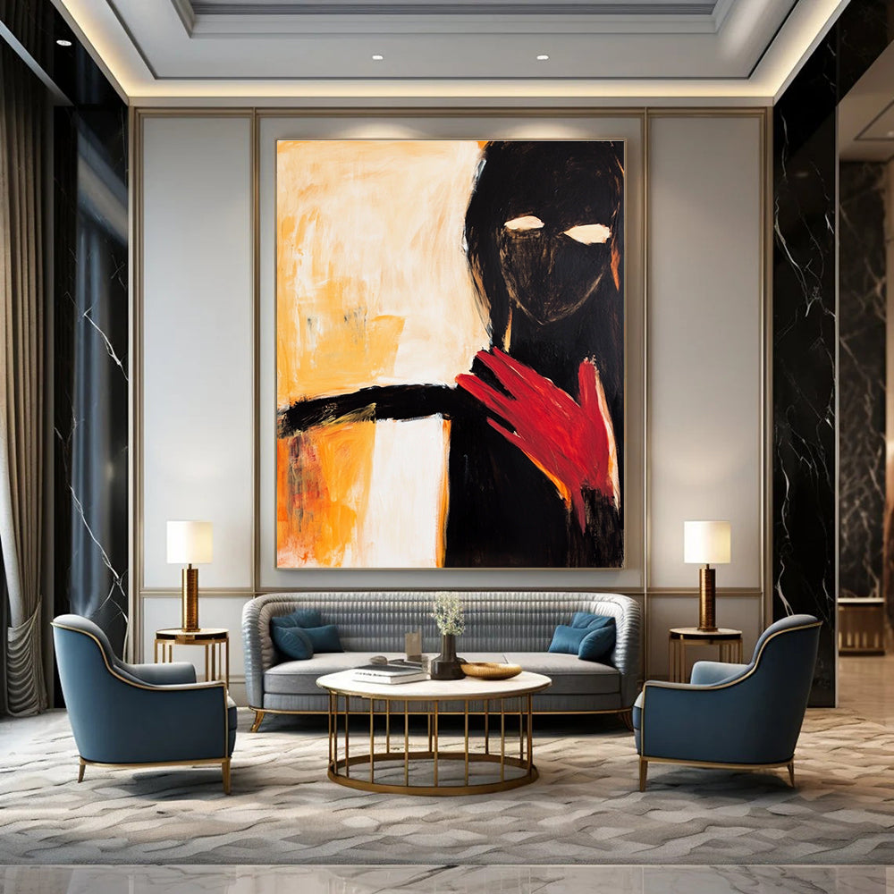 Large abstract painting of an elegant woman in black and white with a striking red hand and warm shades of yellow and orange.STSC640